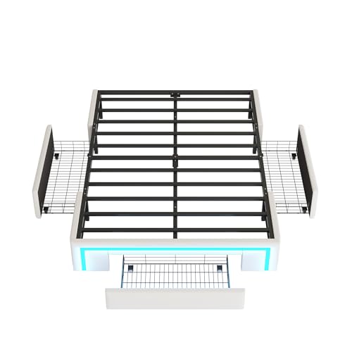 Dolamaní Polsterbett Bettgestell 140x200 cm ohne Kopfteil, PU-Leder Bett Mit LED und Schubladen, Metall Lattenrost Moderne Schlafzimmer Doppelbett (Beige)