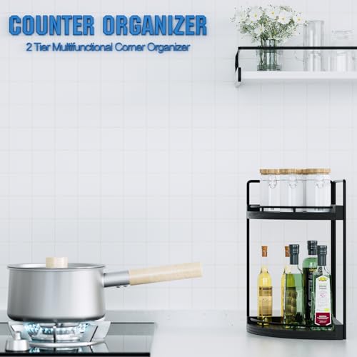 Image of Corner Bathroom Counter Organizer, 2 Tier Wood Vanity Storage, Waterproof Skincare Shelf for Kitchen & Toiletries Decor, Dresser (Black-2 Tier)