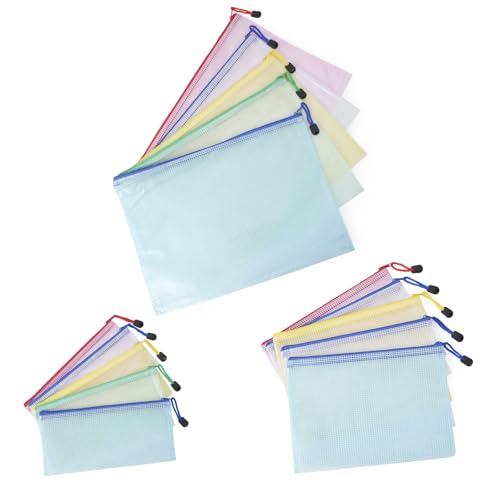 Elalove Lot de 15 Pochettes Zippées A4/A5/A6, Semi-Transparentes, 5 Couleurs Résistant à l'eau,Organisation Bureau/Voyage (3 Tailles)