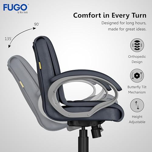 Image of FUGO FG235 Ergonomic Medium Back Office Chair with Adjustable Height, Cushioned Back&Seat, Tilting Mechanism, Heavy-Duty Metal Base, Dual Nylon Casters-Ideal for Work, Study, 3-Year Warranty (Grey)