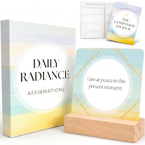 ZEDORA Daily Radiance Affirmation Cards with Guided Journal – 52 Positive Affirmations Cards for Women with Wooden Stand, Guided Mindfulness Cards for Desk, Intention Cards Gift Set
