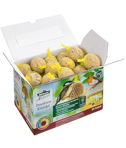 Dehner Natura Premium Meisenknödel mit Netz, Insektenknödel, ganzjähriges Wildvogelfutter proteinreich/energiereich, 30 Stück je 90 g (2.7 kg), Karton aus FSC-zertifizierter Produktion
