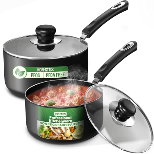 Utopia Kitchen Nonstick Saucepan Set, Cooking Pots with Lids, 1 Quart and 2 Quarts Multipurpose Kitchen Small Pots for Cooking Nonstick With Lids, 1 qt & 2 qt Set, Grey & Black