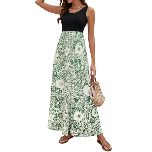 Image of Sherosa Women Boho Chevron Striped Floral Printed Summer Sleeveless Tank Long Maxi Party Dress