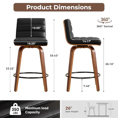 Image of Swivel Bar Stools Set of 5,26 inch Faux Leather Counter Height Barstools with Back,Mid Century Modern Upholstered Bar Chairs with Bentwood Legs Island Stools for Kitchen Counter Black