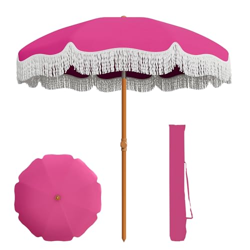 AreShark 7ft Patio Umbrella with Fringe UPF50+ Beach Umbrella for Table Pool & Garden Portable Outdoor Tassels Umbrella w/Fiberglass Ribs&Push Bottom Tilt(Light Pink)