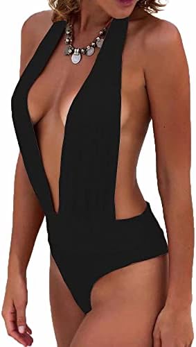RIHBTESQ Women’s Sexy Deep V-Neck Halter Tie Backless High Waisted Swimwear One Piece Swimsuit RIHBTESQ Women’s Sexy Deep V-Neck Halter Tie Backless High Waisted Swimwear One Piece Swimsuit