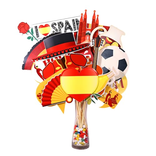 Htabiol Spain Photo Booth Props, 37pcs Spanish Party Decorations, Red, Yellow, Cartoon Spanish Culture, Cardstock, Party Photobooth Props