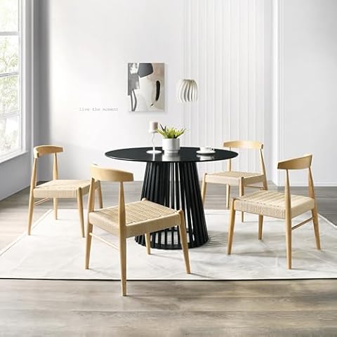 Xdeco Modern Rope Woven with Wooden Frame Dining Chair, Mid-Century Wooden Side Chairs, Handcrafted Woven Chairs, Armless Kitchen Dining Set, Rubberwood Frame and Natural Cord Seat Cover
