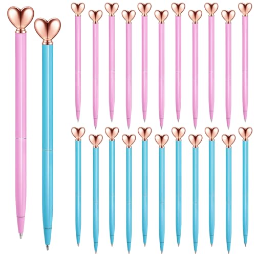 Thenshop Pink 24 Pcs Heart Shaped Pens Retractable Metal Cute Pens 1.0 mm Black Ink Ballpoint Decorative Engagement Gifts for Bridesmaid Women Wedding Bridal Shower Sleepover Party (Blue)