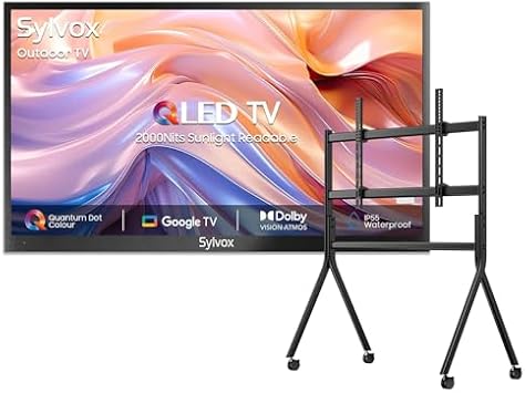 SYLVOX Outdoor TV with Rolling Stand, 75 inch Smart QLED TV, 2000 Nit Full Sun, Weatherproof, 4K UHD, IP56 Waterproof, Commercial Grade 2026 Model