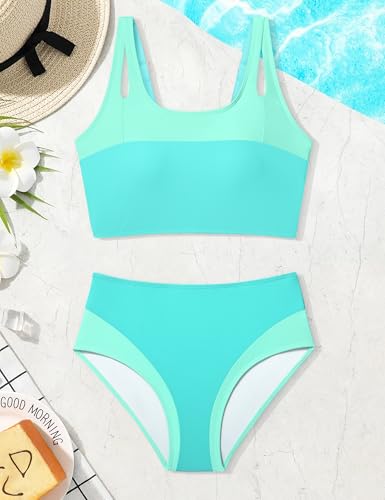Image of Teen Girls Swimsuits V-Neck Bikini Set Bathing Suits Cross Straps Two Piece Swimwear with Drawstring