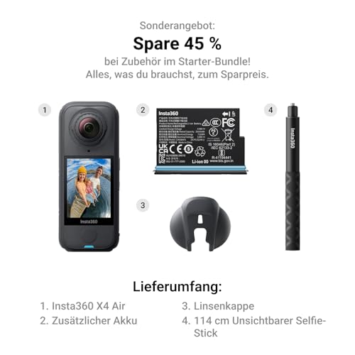 Insta360 X4 Air Starter-Bundle – 165 g leichte 8K 360°-Kamera, Unsichtbarer Selfie-Stick, Wechsel-Linsen, Aufnehmen & dann ausrichten, integr. Windschutz, FlowState-Stabilisierung, KI-gestützte App