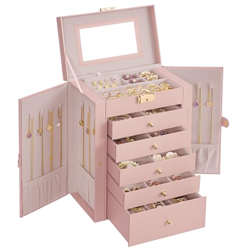 SONGMICS 6-Layer Jewelry Box Organizer with 5 Drawers Jewelry Storage Case with Lock and Mirror Large Storage Capacity Gift for Loved Ones for Necklaces Watches Jelly Pink UJBC152SA02S