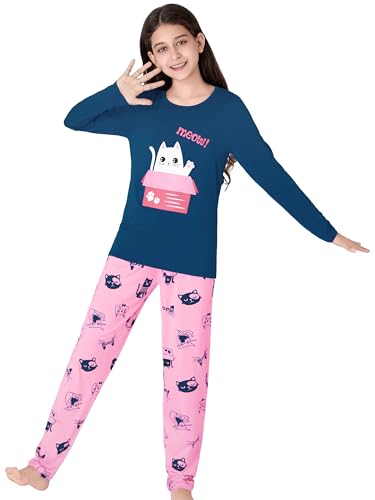 Tebbis Cute Cat Pajamas for Girls Modal Fiber Long Sleeve & Pants Pj Set Tween Size 6-184