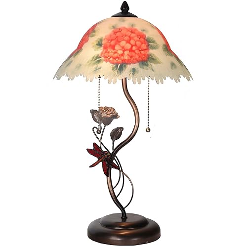 Bieye L10888 Hydrangea Hand-Painted Glass Table Lamp with Dragonfly Flower Lamp Base for Home Decor (Red)