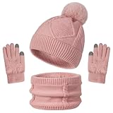 enwokran cappello sciarpa guanti touch screen 3 in 1 set, caldo morbido pompom beanie maglia cappelli morbido scaldacollo guanti touch screen per sport all'aria aperta (rosa)