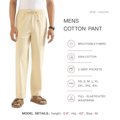 Image of SAADAA Men's 100% Cotton Pants | Mid-Rise Straight Fit Casual Trousers with Elastic Waistband and 3 Pockets | Everyday Wear