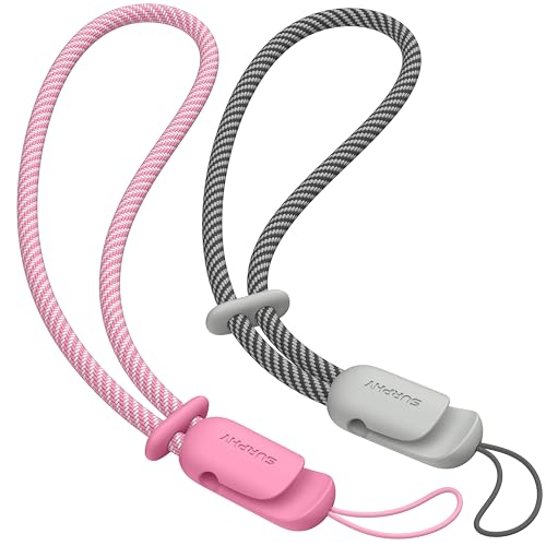Image of SURPHY 2 Pack Phone Lanyard, Phone Wrist Strap for Case, Camera Wrist Strap | Ultra-Light 2-Color Braided Phone Strap, Cellphone Charm Strap, Anti-Lost Wrist Lanyard for Women and Men, Rose Pink Gray