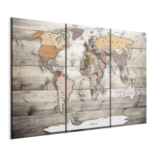 B&D XXL - Tableau décoratif Carte du monde 120x80 cm - Impression sur toile colorée - Décoration murale pour salon et chambre - Vert marron - Bois...