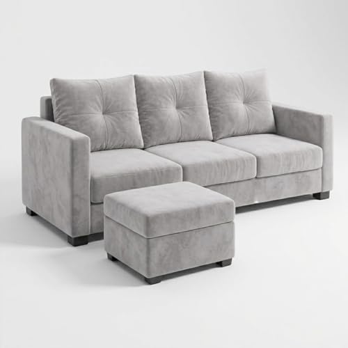 Image of FURNY Amonster 3 Seater + 2 Seater Fabric Sofa Set with 1 Ottoman (Light Gray) with Velvet Finish | Durable Comfort | Ideal for Living Room
