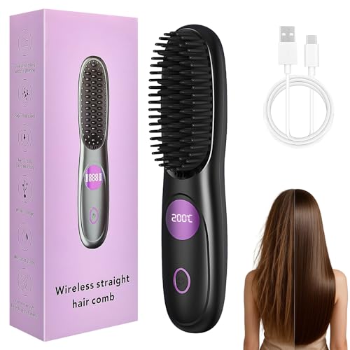 Tragbarer Stylingbürste Stylingbürste für Kurze Haare Glättbürste Kabellos mit 3 Temperaturen Verstellbar Haarbürste Elektrisch USB-Aufladbar für Frauen Männer