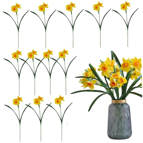 Xoeryoy Narcisos Flores Artificiales, 12 Piezas de 18 Pulgadas narcisos Artificiales Que se Ven Reales, Seda Larga de Flores Falsas para la Fiesta de Bodas en el hogar decoración de centros