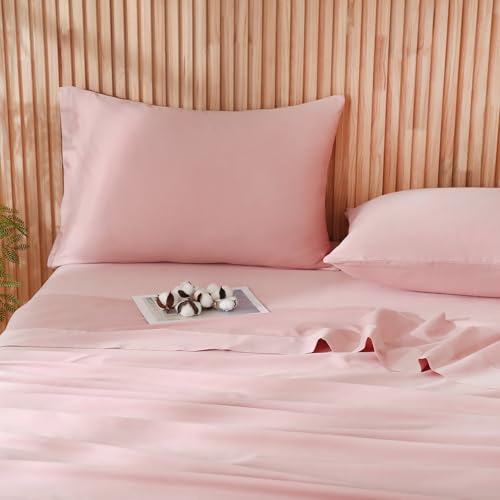 JSD 100% Cotton Twin Sheet Set Dusty Pink, 300 TC Sateen Weave Bedding, Soft Breathable Wrinkle Resistant, Deep Pocket