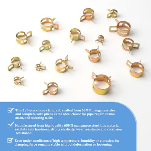 130 Stück Schlauchschellen 16 Größen Sortiment mit Schlauchklemmzange Rohrschellen Federbandschellen Klemmen Schlauch Federklemmen Verschluss Clip für Auto Kraftstoffleitung Garten Haushalt Werkstatt
