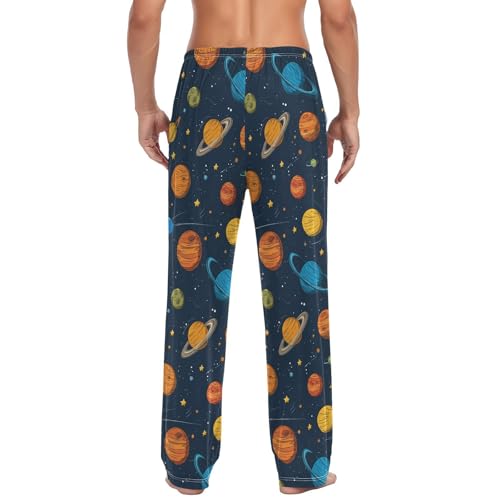 Men’s Cartoon Solar System Planets Pajama Pants with Pockets, Comfortable Lounge Sleep Bottoms#5472