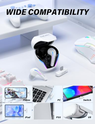 Image of New Version Wireless Gaming Earbuds, 20ms Ultra Low Latency, 2.4GHz + Bluetooth 5.3 Dual Mode, ENC Mic, USB-C Dongle Compatible with PS5 /PS4, Meta Quest 3 /3S /2, Steam Deck, PC & Mobile - White