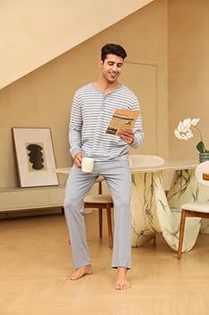 Winovia Pyjama voor heren, lang, 100% katoen, pyjamaset voor mannen, ademende nachtkleding en huispak, set met lange mouwen, comfortabele loungewear, grijs, M