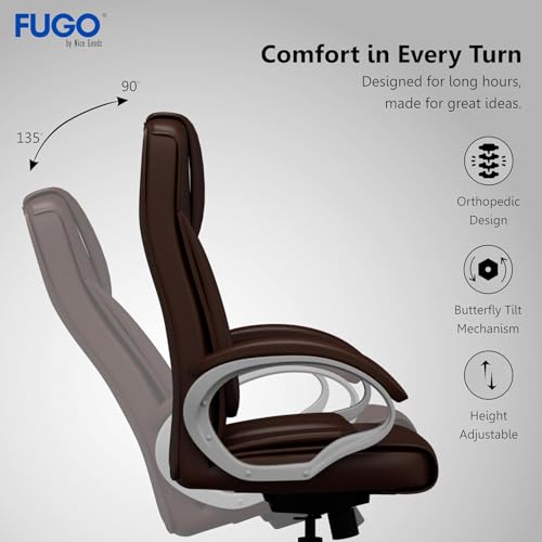 Image of FUGO FG17 Orthopedic Boss Chair with 3 Year Warranty | Leatherette Office Chair | Ergonomic Executive Chair with Spacious Cushioned Seat | Heavy Duty Metal Base | Rocking Function (Brown)