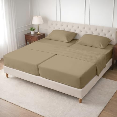 Image of SGI Split King Sheet Set for Adjustable Bed Egyptian Premium Cotton 600 Thread Count Sheets for Sleep Number Bed 15 inch Deep Pocket 5 Pc Set with 2 Twin XL Fitted Sheets Soft Breathable -Taupe