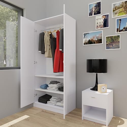 Image of VIKI Wardrobe | Wooden Almirah for Clothes,Door for Bedroom, 2 Door Wardrobe with Door & Hanging Space (Frosty White - 40D x 80W x 180H) | 1 Year Warranty