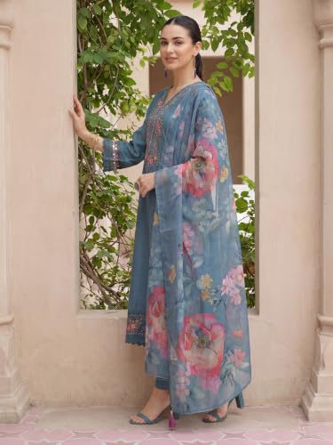 Image of INDO ERA Women's Silk Blend Embroidered Zari Work Straight Kurta & Pant Set | Cord Set For Women