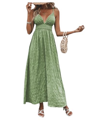 Image of Milumia Women's Summer V Neck Backless Maxi Dress Boho Spaghetti Strap A Line Flowy Beach Long Sundress