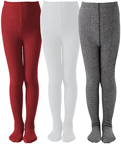 EPEIUS Toddler Girls Tights Thick Cable Knit Leggings Warm Cotton Pantyhose Dress Tights School Uniform Tights Baby Stockings,Ivory White Dark Grey Wine,2-4 Years