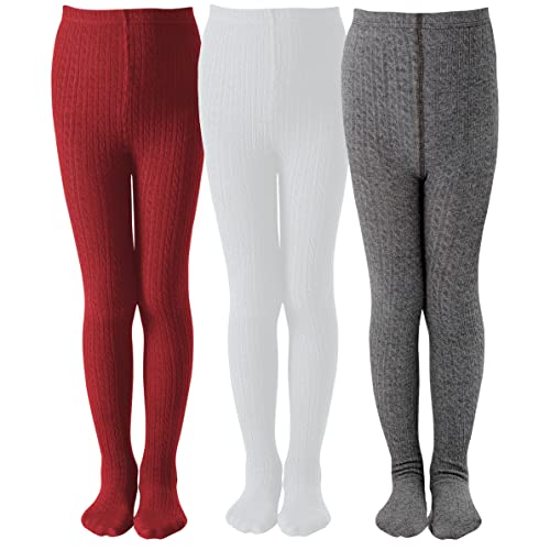 Epeius Toddler Girls Tights Thick Cable Knit Leggings Warm Cotton Pantyhose Dress Tights School Uniform Tights Baby Stockings,Ivory White Dark Grey Wine,2-4 Years #TOP6