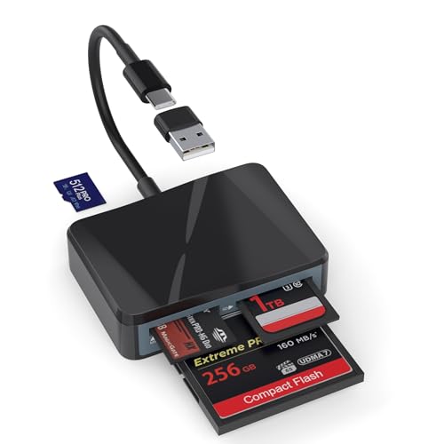 Image of SD Card Reader, 4 in 1 USB C to SD /TF /CF /MS Card Reader with USB to USB C Adapter Memroy Card Reader for iPhone 17 /16 /15 Pro Max iPad Pro MacBook Pro /Air iMac M4 /M3 /M2 Android Phone /Tablet PC (Black)