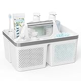 BYUNER Plastic Shower Caddy Dorm: Portable Bathroom Caddy Organizer with Handle and Holes, Cleaning Basket, Hard Shower Basket Storage Tote for Toiletry, College Dorm Room Essentials White/Silver