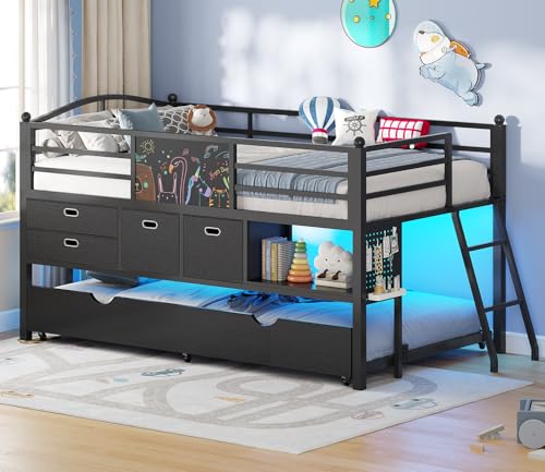 ADORNEVE Low Loft Bed Twin Size with Trundle & LED Lights Kids Loft Bed with 4 Storage Drawers & Open Cubbies & DIY Pegboard Twin Loft Bed with Safety Guardrail Under-Bed Play Zone Black