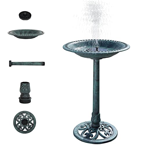 VINGLI 28 Inch Pedestal Bird Bath Solar Fountain Birdbaths with Steel Ground Anchors Weather Resistant Resin Antique Green Garden Decor for Outdoor Lightweight Courtyard…