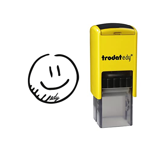 Trodat edy FIX sello motivacional para profesores y educadores, juego de sellos motivacionales - 1 motivo Smiley, lenguaje neutro, carcasa amarilla, impresión negra, autoentintado, 20 x 20 mm