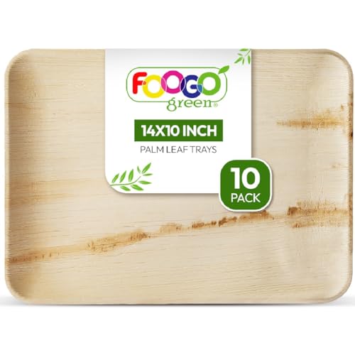 FOOGO Green 10 Bandejas Desechables de Hoja de Palma, Grandes 35x25 cm, Pizza, Entrantes, Canapés, Charcutería, Resistentes Como las Bandejas de Madera para Comida Caliente y Aperitivos