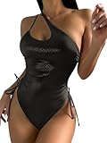 Lilosy Sexy Shoulder Tummy Control One Piece Swimsuit Ruched High Cut Leg Rise Bikini Cutout Thong Cheeky Brazilian Bathing Suit Women Drawstring String Tie Side Monokini Snake Black Medium