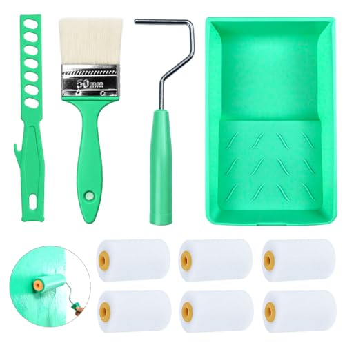 Okeno Select 10 Stück Kleine Malerroller Set, 5cm Schwammroller für Möbel, Holz, Türen & Sockelleisten mit Farbwanne und Ersatzrollen für Glanz- & Seidenmattlacke