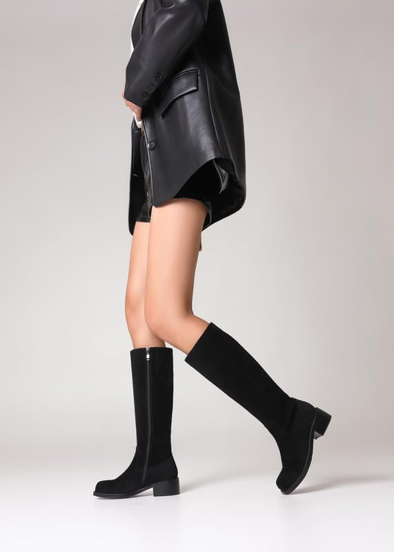 Image of ZJA Knee High Boots Square Toe Boots Low Heel Flat Long Boots for Women Dress Chunky Comfortable Tall Boots