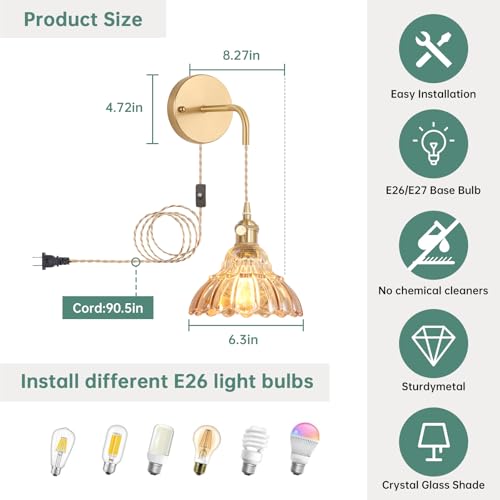 Image of Shenmoyl Vintage Plug in wall sconces Set of 2, 4.9FT Corded Wall Lamps with Amber Lily of The Glass Shade Hanging, sconces wall Decor for Bedroom Living Room Hallway Doorway
