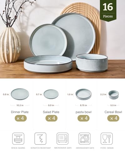 Image of Famiware Annecy Plates and Bowls Sets, Service for 4 (16 Pieces), Dinnerware Sets with Pasta Bowls, Microwave and Dishwasher Safe Dishes Set, Chip and Scratch Resistant, Grey Blue